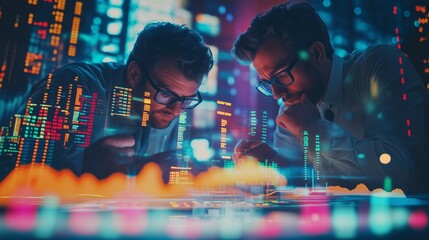 Two professionals analyze financial data on digital screens in a modern office setting during the evening