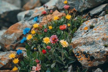 Poster - Alpine Floral Brilliance Amidst Mountain Crags