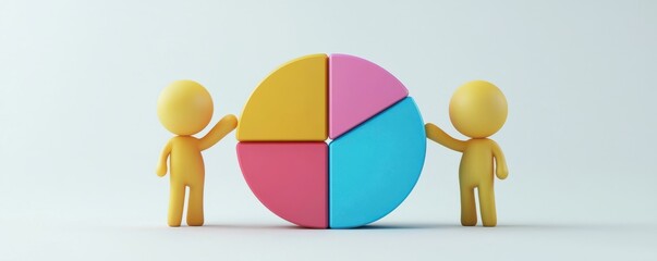 Poster - Three yellow figures collaborating on colorful pie chart sections, teamwork and cooperation concept for business and analytics