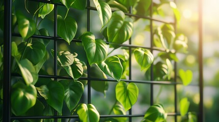 Poster - Lush green leaves climbing on a trellis in natural light during a sunny afternoon
