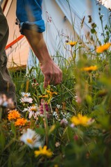 Canvas Print - Setting Up a Tent in Wildflower Meadow