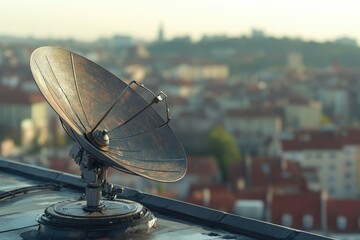 A satellite dish mounted on a roof being aligned with a compass, with the urban landscape in the background softly blurred, emphasizing the repair