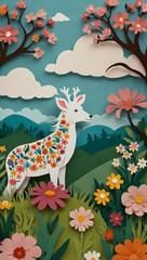 Cute paper cut-out animal in a spring scene with clouds and flowers.