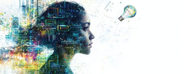 Poster - Illustration depicting digital innovation and technology with a woman's profile intertwined with vibrant circuitry and a light bulb symbolizing ideas