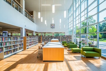 A white wall in the middle of an open-space library with green seating, bookshelves, and hanging lights Generative AI