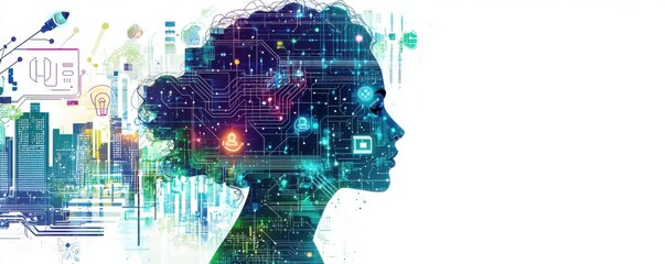 Poster - Abstract illustration of a woman's profile integrated with digital technology and cityscape elements, symbolizing artificial intelligence and future innovation.
