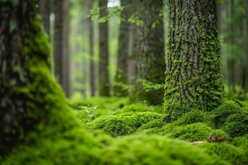 Poster - Moss-Covered Tree Trunks in Verdant Forest