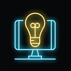 Poster - Glowing neon sign of a light bulb on a computer monitor screen representing online education, new ideas and innovation