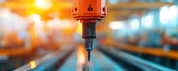 Close-up view of a robotic arm with drill in a modern factory, showcasing advanced manufacturing technology and industrial automation.