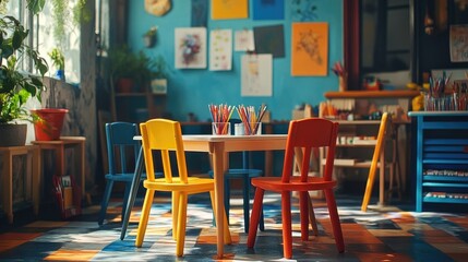 Wall Mural - A whimsical play table with colorful chairs, surrounded by art supplies.