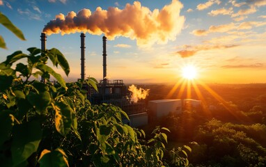 Power plant silhouette emitting steam and smoke at sunset, surrounded by green foliage, showcasing the contrast between industry and nature.