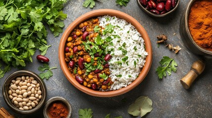 Flat lay of a rustic meal featuring Rajma masala with rice in a clay bowl, surrounded by raw spices, kidney beans, and herbs on a concrete surface.