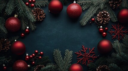 Flat lay of Christmas decorations, including red balls, snowflakes, and pine branches on a deep, dark background