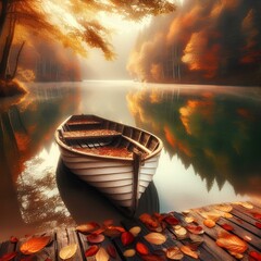 A serene image of a boat tied to the shore on a calm lake, surrounded by vibrant autumn foliage and a peaceful, reflective atmosphere. The boat is filled with fallen leaves.