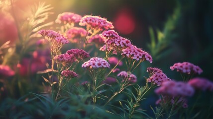 Poster - A vibrant display of blooming pink flowers in a lush garden during golden hour sunlight