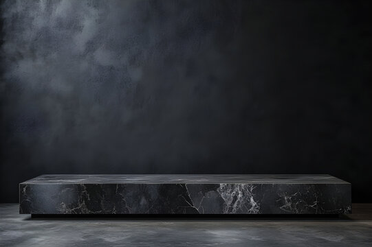 3D product table in an empty studio, facing a black wall, is set up for presentation on a podium with a concrete dark surface.