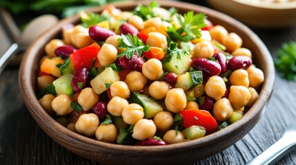 Freshly prepared legume salad with chickpeas, kidney beans, and crunchy raw vegetables, garnished with parsley and mild spices for a healthy, colorful dish.