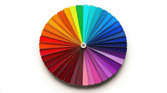 Full color wheel with clear divisions of warm and cool colors, vibrant reds, oranges, and yellows transitioning to blues and purples, isolated on white