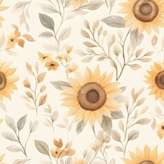 Poster - Watercolor Sunflower and Foliage Seamless Pattern