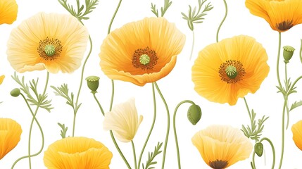 Poster - Yellow Poppy Flower Seamless Pattern