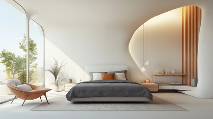 Wall Mural - Modern Minimalist Bedroom with Curved Wall and Wooden Elements