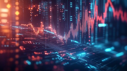 Poster - Vibrant digital data visualization showcasing fluctuating statistics and patterns in a futuristic city environment at night