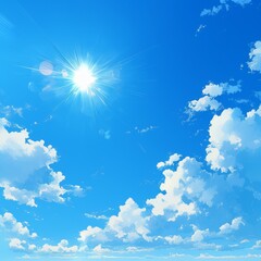 blue sky with clouds and sun reflection.The sun shines bright in the daytime