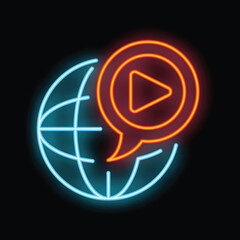 Poster - Neon glowing icon of globe with play button inside speech bubble representing global video streaming