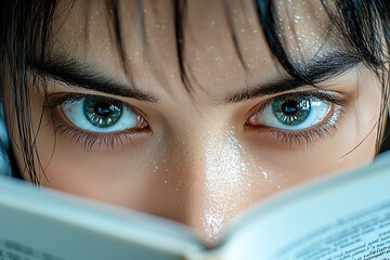 Poster - A detailed close-up of a person's face as they read, with every strand of hair, texture of the skin, and the reflection of the text in their eyes vividly captured