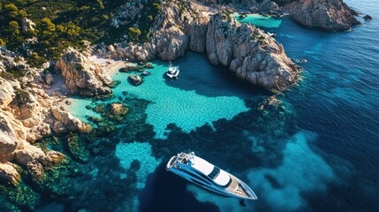 High-end yacht near a hidden cove in Sardinia, with crystal-clear blue water inviting for a swim, and picturesque rock formations in the background