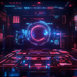 © Monirknn - Abstract technology background for gaming interfaces, featuring futuristic HUD elements, neon overlays, dynamic data visualization. for gaming website banners, generative ai