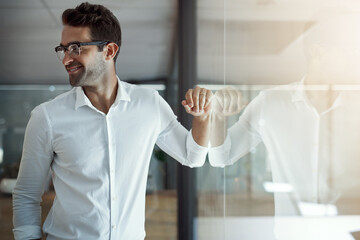 Poster - Smile, thinking and business man in office on glass wall for professional insight, mindset or inspiration. Happy worker, idea and planning future, vision or reflection for solution or career decision