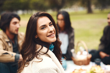 Canvas Print - Friends, woman portrait and outdoor picnic in nature, love and together for bonding in countryside. People, grass and support on trip to London, food and travel group on weekend holiday or vacation