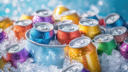 A bucket filled with ice and vibrant, multi-colored beverage cans with no text, creating a lively, refreshing scene perfect for summer or party vibes. The icy surface enhances the cool look.