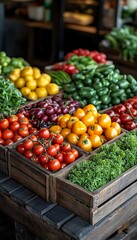 Wall Mural - Fresh produce displayed in wooden crates at a market.