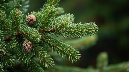 Poster - Close-up of evergreen tree branches with pine cones and dew drops in a lush forest during early morning