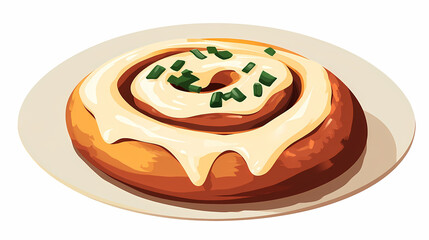 A delicious cinnamon roll topped with creamy frosting and green chives