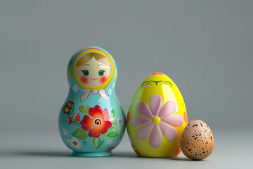 Two colorful Russian nesting dolls with intricate patterns against a light blue background, Wooden Russian matryoshka dolls in folk style, girls with painted dresses and veiled heads 


