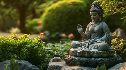 Wall Mural - 91. A serene goddess of tranquility meditating in a quiet garden