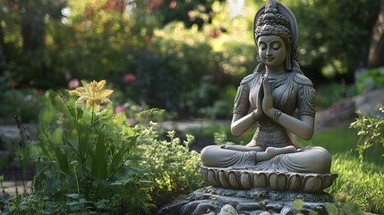 Wall Mural - 91. A serene goddess of tranquility meditating in a quiet garden