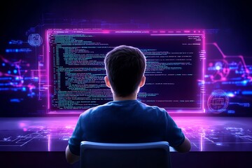 Aufkleber - A digital illustration of a person learning to code, with lines of code displayed on a screen and interactive tutorials