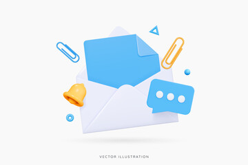 Poster - 3d opened letter in envelope with bell notification and blue speech bubble messages. email contact a