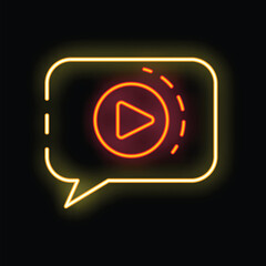 Poster - Neon speech bubble with play button inside glowing on dark background, concept for podcast