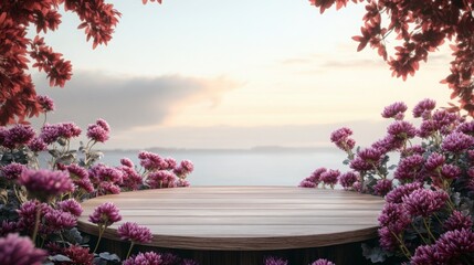 Aufkleber - A circular, wooden platform sits in the center of the image, surrounded by pink flowers and leaves. The platform is situated in a field with a foggy lake and hills in the background