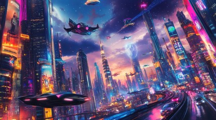 Poster - A breathtakingly realistic and vibrant image of a futuristic cityscape, with gleaming skyscrapers, flying cars, and holographic projections filling the air