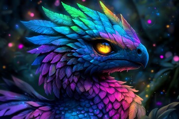Poster - A digital painting of a fantasy creature, with vibrant feathers, scales, and magical glowing eyes, set in an enchanted forest