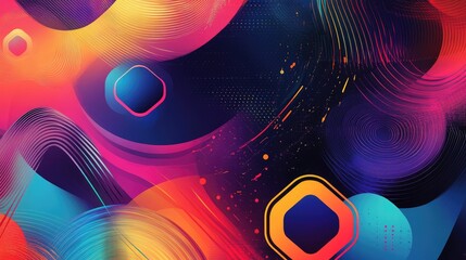 Poster - A colorful abstract background with geometric shapes like hexagons, squares, and circles in a modern design, perfect for a banner with fluid lines and bright hues