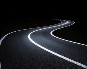 Wall Mural - Empty road with a slight bend, illuminated by a single car s headlights, headlights on bend, solitary curve