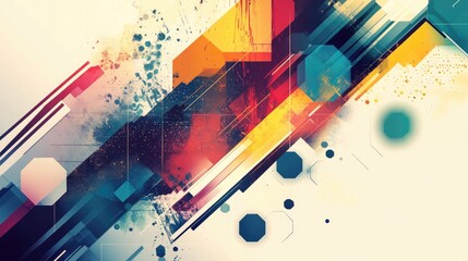 Poster - A dynamic abstract banner with colorful hexagons and diagonal lines, blending with geometric shapes to create a fluid, modern design