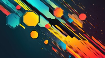Poster - A dynamic abstract banner with colorful hexagons and diagonal lines, blending with geometric shapes to create a fluid, modern design
